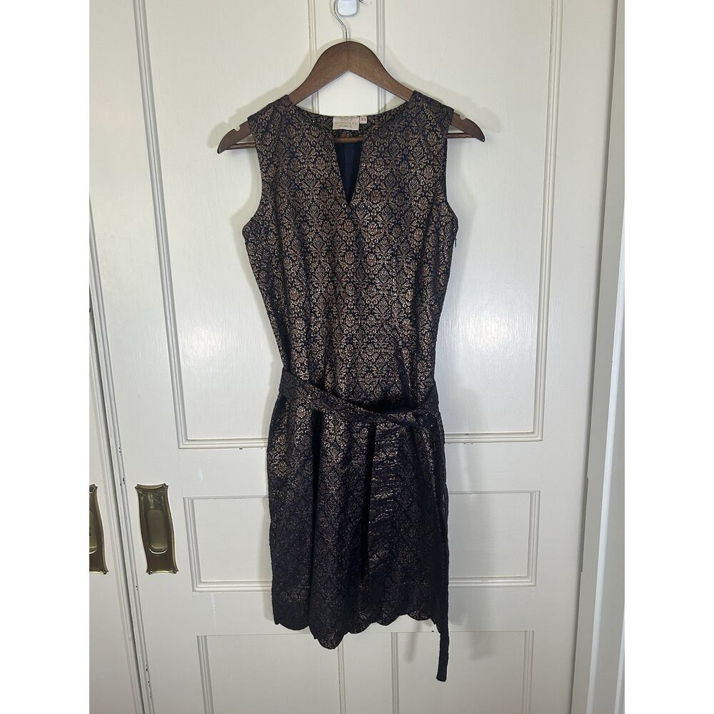 Rungolee Brocade Belted Shift Dress Womens Size XS Blue Gold Quiet Luxury Classy